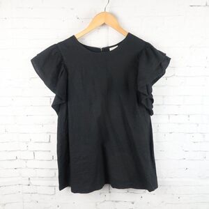 A NEW DAY BLACK RUFFLE SLEEVE ROUND NECK LINEN BLEND TOP SIZE MEDIUM